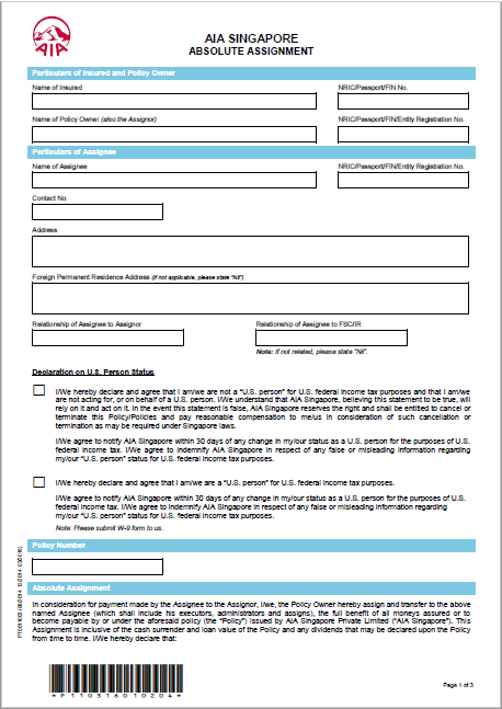 AIA Absolute Assignment Form - 2021