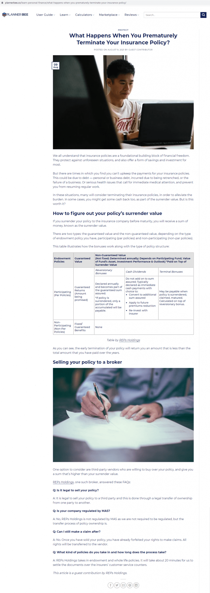 An article on what happens when you prematurely terminate your insurance policy by planner bee for REPs Holdings